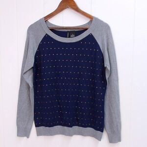 ND Navy Blue Gray Raglan Sweater Gold Stud Accents Crew Neck Sz‎ M / #1229